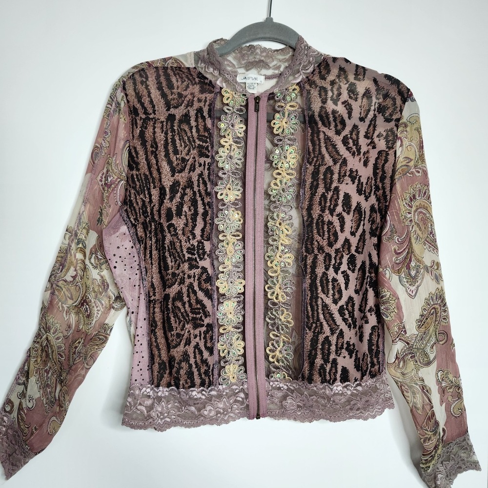 Jaipur 90's Y2K Pink Lace Floral Zip Jacket Top Small Fairy Sequin Metallic